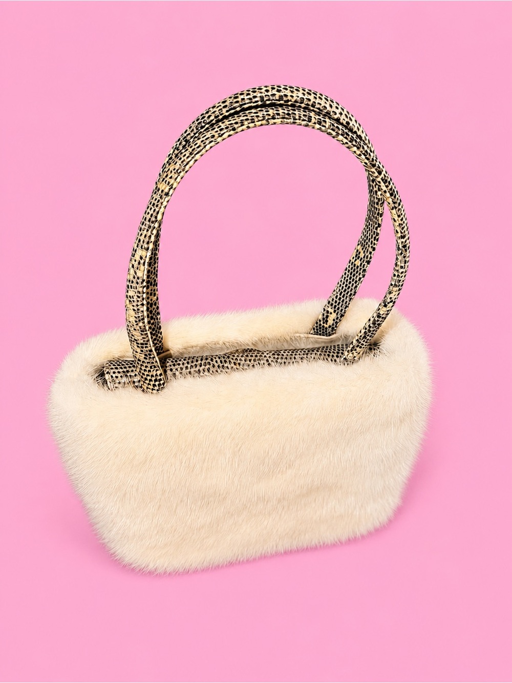 Vintage Rare Rene Caovilla White Fur Mini Handbag w Exotic Snakeskin Handle bag